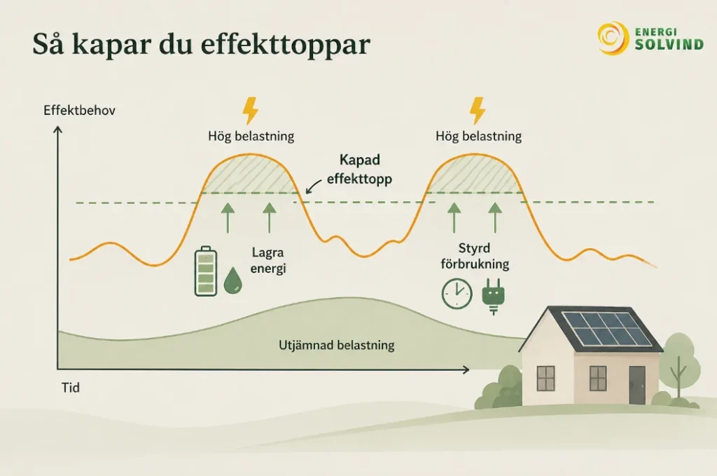 Diagram som visar hur effekttoppar kapas över tid med hjälp av energilagring och styrd förbrukning i ett hus med solceller